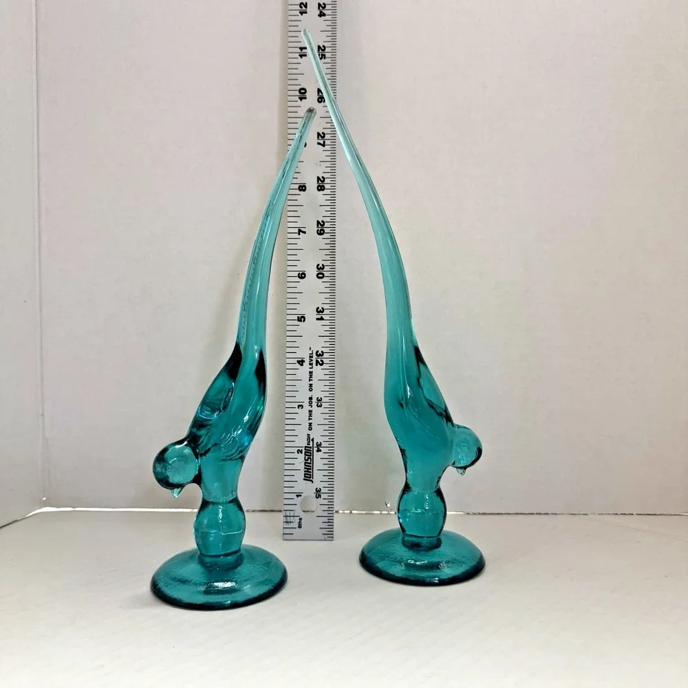 Lot Of 2 Vintage Long Tail Birds Turquoise Glass 9 3/4